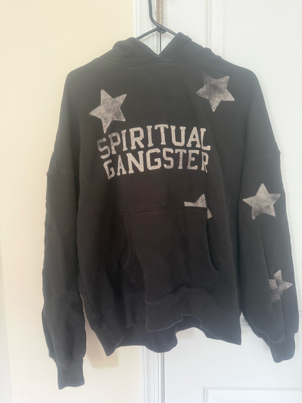 Spiritual Gangster Black Hoodie with Distressed Silver Stars